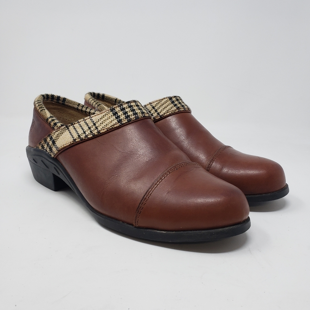 Ariat Honey Brown Leather Clogs Plaid Fabric Trim Size 7.5